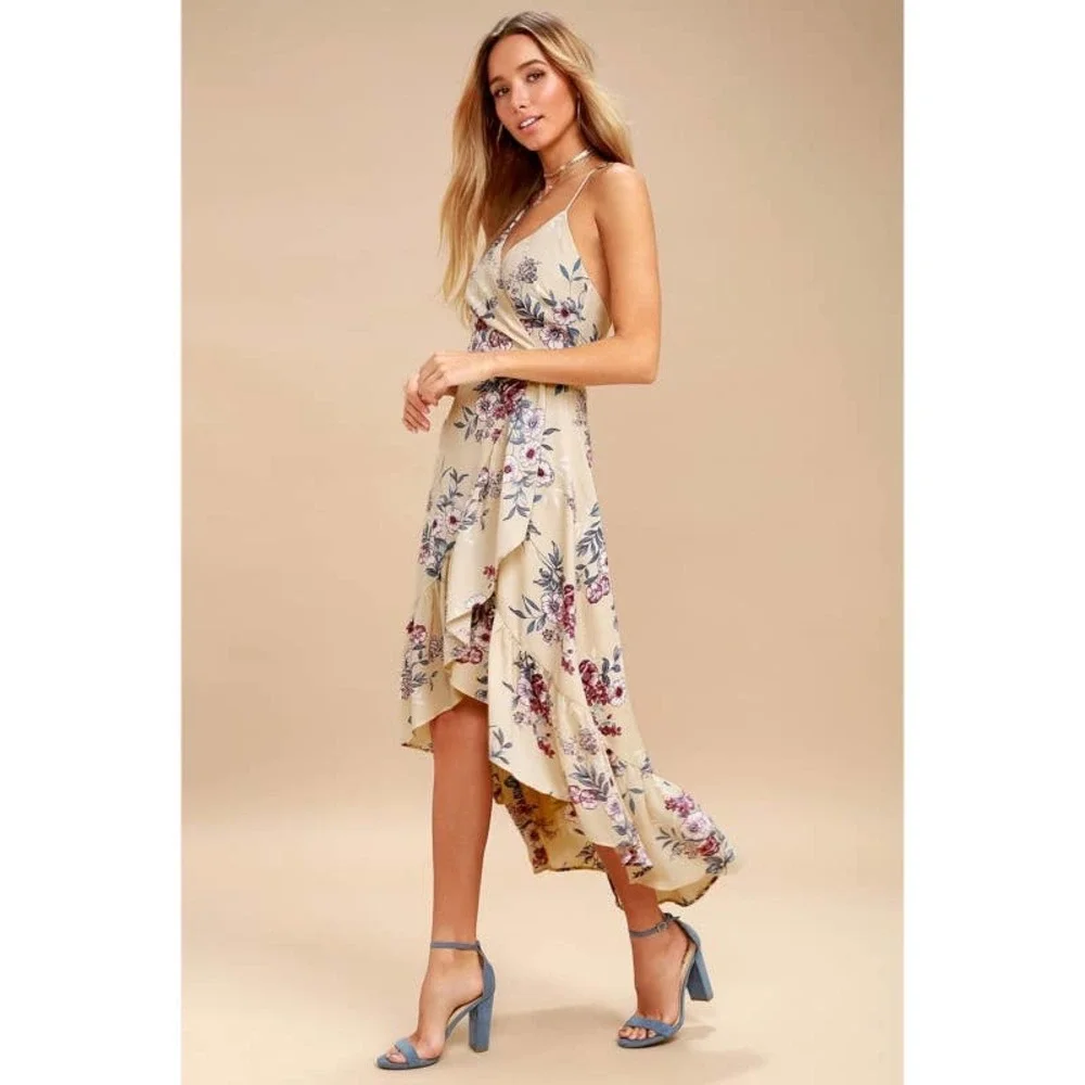 Lulus Maxi Dress Gild The Lily Beige Floral High Low Size Large Ruffle NWOT - Picture 2 of 8